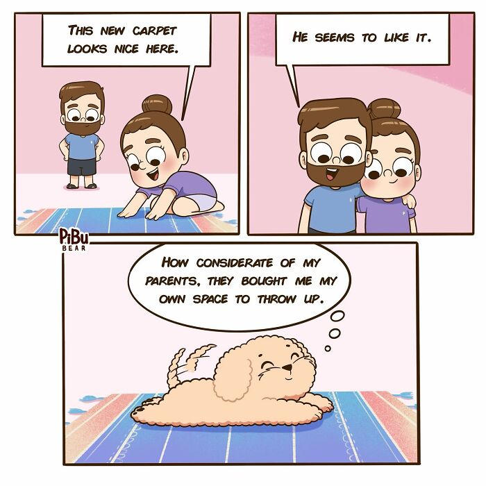 Adorable couple comics by Pibubear featuring a couple and their dog reacting humorously to a new carpet.