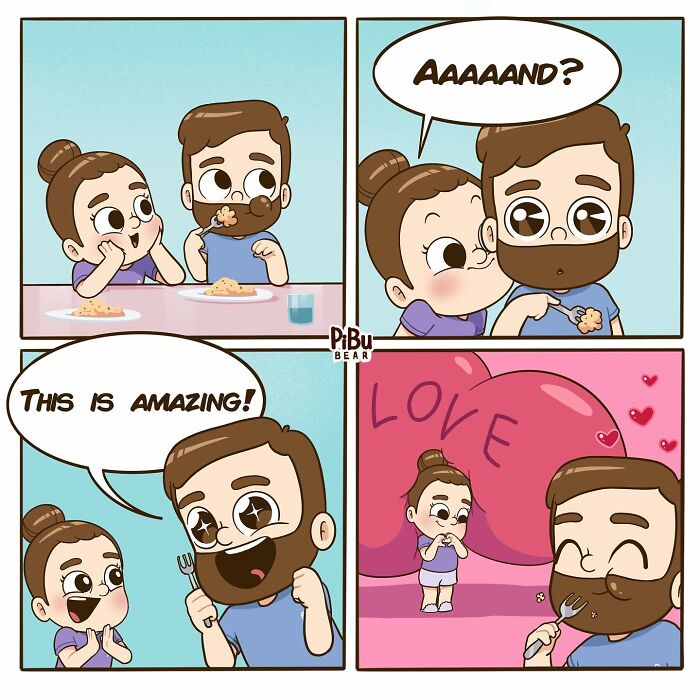 Adorable couple comic by Pibubear showing a cute interaction with expressions of love and delight over a meal.