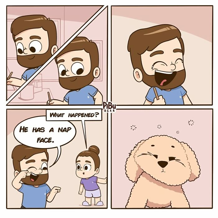 Couple comic by Pibubear showing a man discussing a dog's "nap face" with a woman, featuring playful expressions.