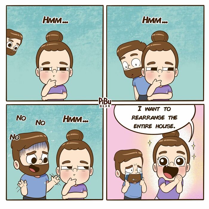 Couple comic by Pibubear showing a woman deciding to rearrange the house, with a concerned partner.