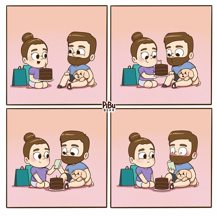 Adorable couple comics by Pibubear showing a sweet moment with cake and a playful puppy.