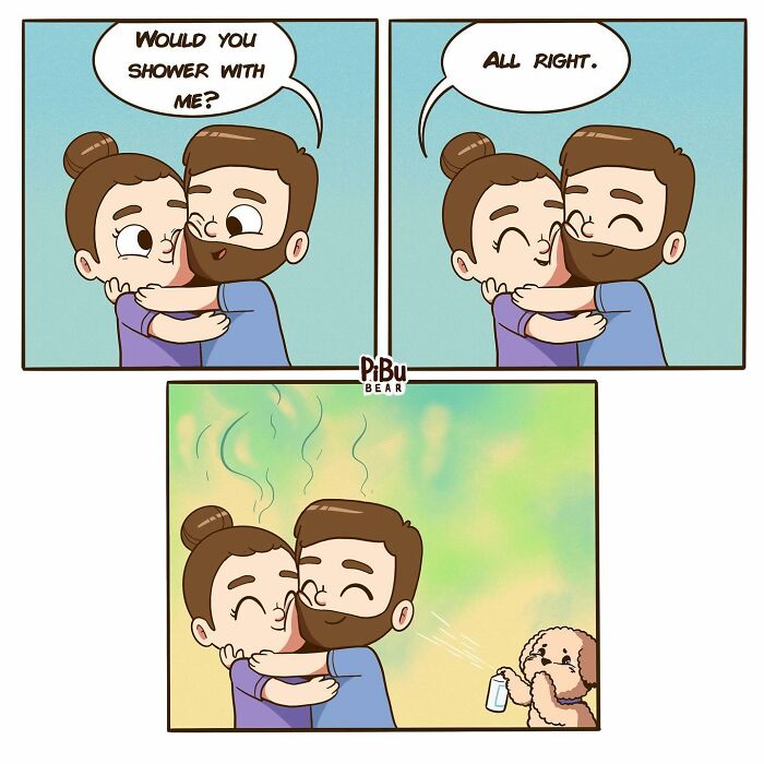 Couple comics by Pibubear, showing a couple embracing and a small dog humorously spraying deodorizer.