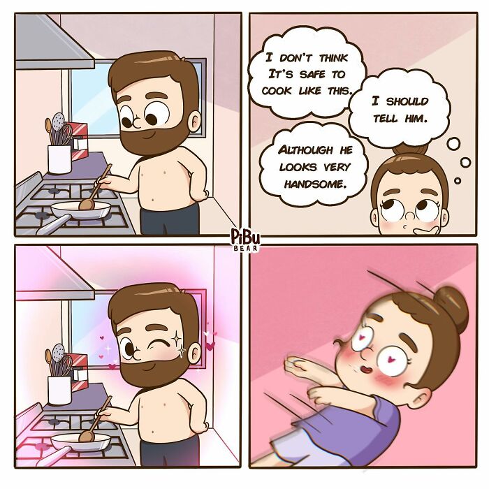 Adorable couple comic by Pibubear: a woman admires her shirtless partner cooking and blushes with heart eyes.