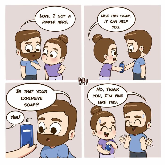 Cute couple comic by Pibubear discussing soap for a pimple in a humorous exchange.