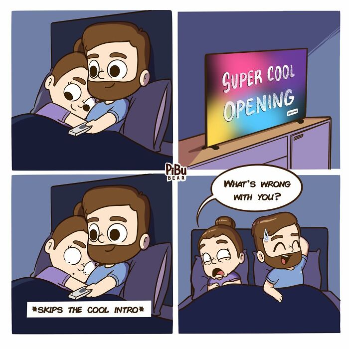 Adorable couple watching TV in bed, surprising reaction after skipping the cool intro, by Pibubear comics.