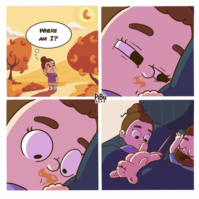 Couple comic by Pibubear shows a dreamy landscape, sleepy faces, and cozy bed moments with teddy bear.