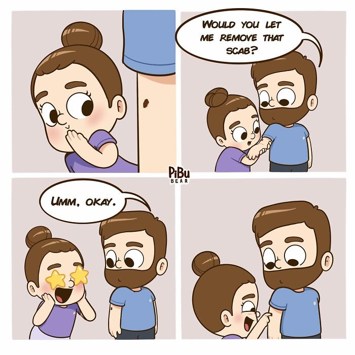 Cute couple comic by Pibubear where a girl excitedly asks to remove her boyfriend's scab.