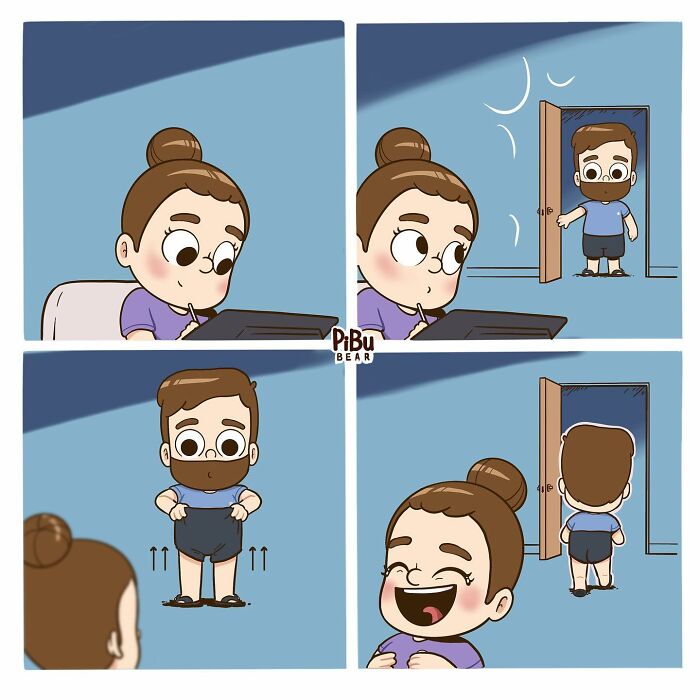 Cute couple comic by Pibubear showing a funny moment with a girl giggling at her partner pulling up shorts.