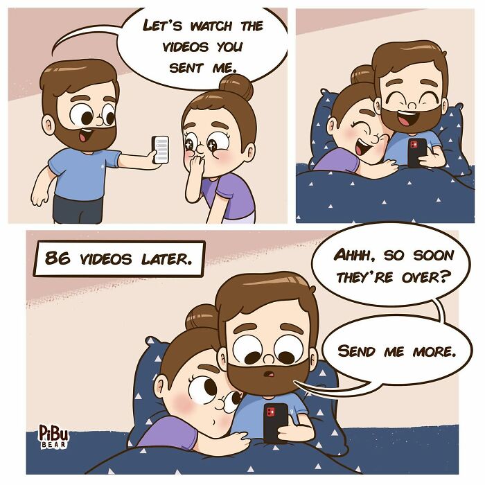 Comic by Pibubear featuring an adorable couple watching videos together in bed, sharing a relatable moment.