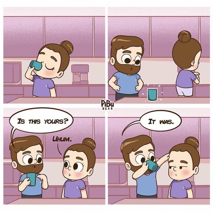 Couple comics by Pibubear showing a funny kitchen moment with a man drinking and a surprised woman.