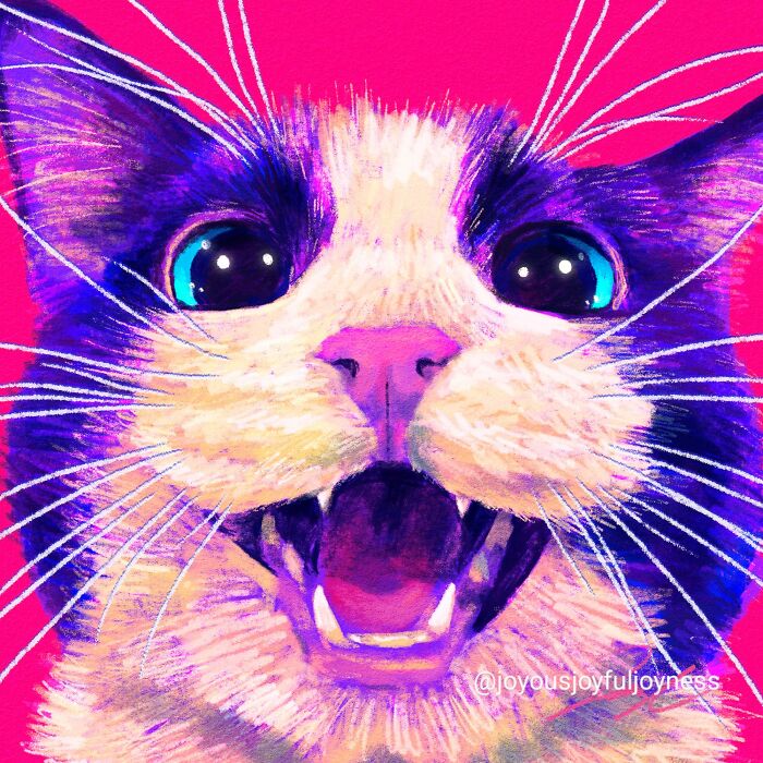 Vibrant close-up painting of a cat with wide eyes and open mouth against a bright pink background.