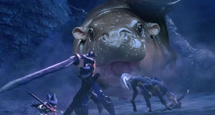 A Moo Deng meme featuring a giant baby hippo facing off against armed warriors in a dark, fantasy battle setting.