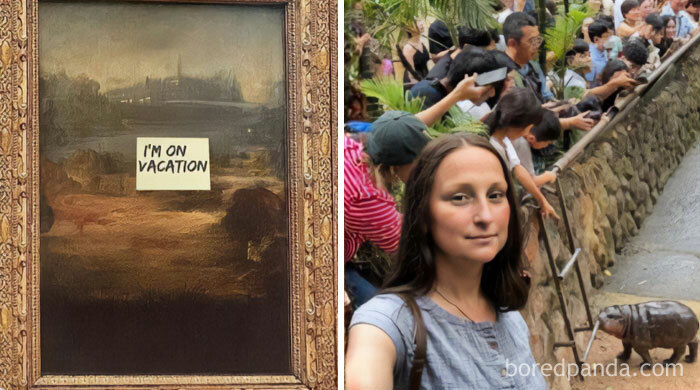 A Moo Deng meme with a painting labeled "I'm on vacation" next to a photo of a crowd watching a baby hippo, with a woman taking a selfie.