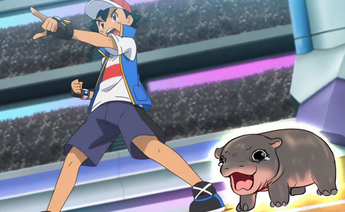 A Moo Deng meme featuring a baby hippo in an anime-style battle arena, alongside a trainer character pointing forward as if in command.