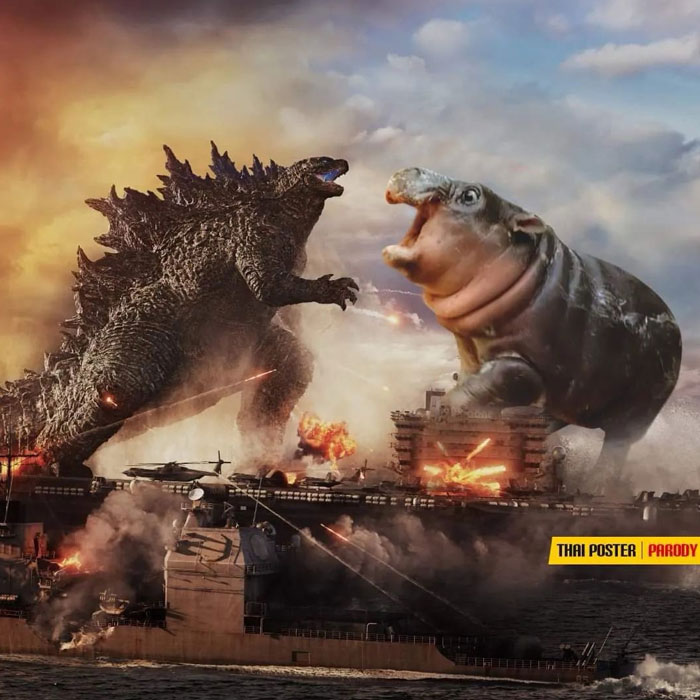 A Moo Deng meme featuring a giant baby hippo facing off against Godzilla on a burning battleship, labeled "Thai Poster Parody" in the corner.