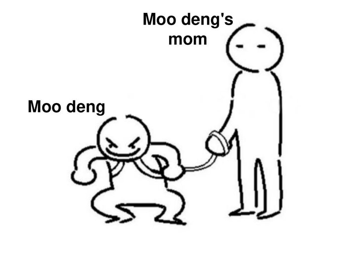 A Moo Deng meme with a simple drawing showing "Moo deng's mom" holding a leash on an angry figure labeled "Moo deng."