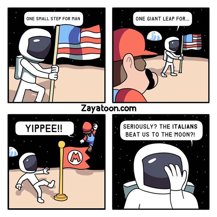 Funny comic by Zayatoon featuring Mario on the moon with astronaut, humorous space exploration theme.