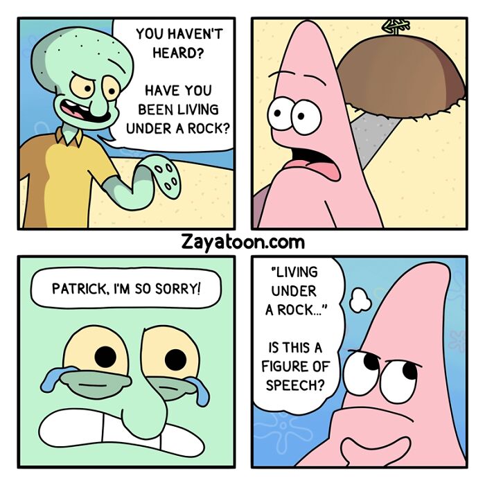 Funny comic featuring pop culture characters by Zayatoon discussing living under a rock.