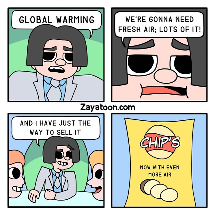 Funny comic by Zayatoon about global warming and selling air, featuring a character promoting air chips.