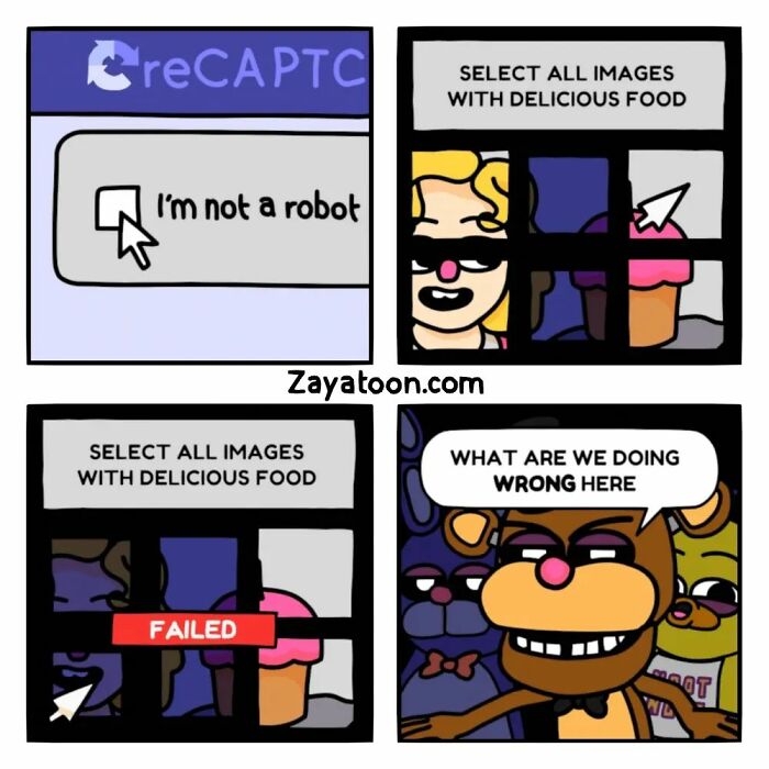 Funny comic by Zayatoon featuring pop culture characters struggling with a CAPTCHA food test.