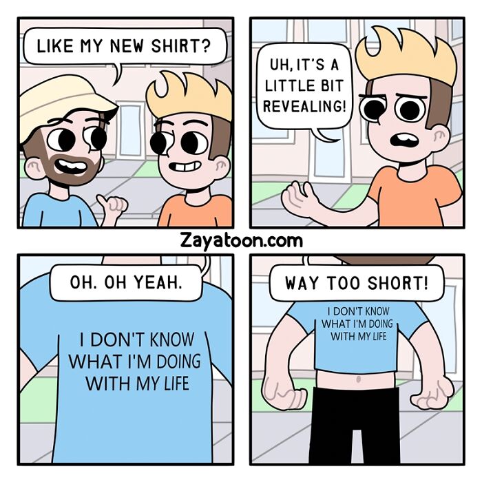 Funny comic by Zayatoon showing characters discussing and revealing a humorous shirt message.