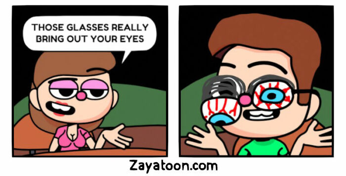 Funny comic by Zayatoon featuring characters discussing glasses bringing out eyes with a humorous twist.