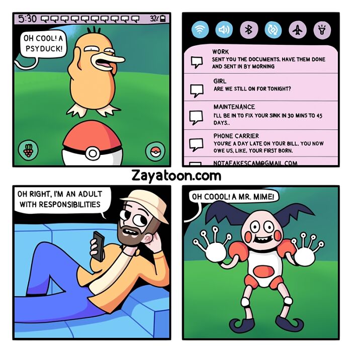 Funny comic featuring pop culture characters Psyduck and Mr. Mime by Zayatoon.