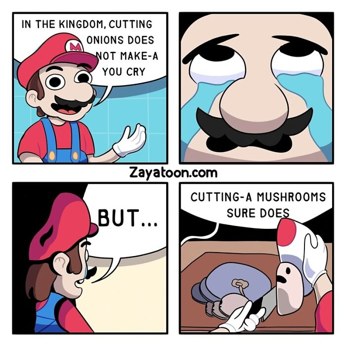 Pop culture character humorously claims cutting onions doesn't cause tears, but cutting mushrooms does, in a comic by Zayatoon.