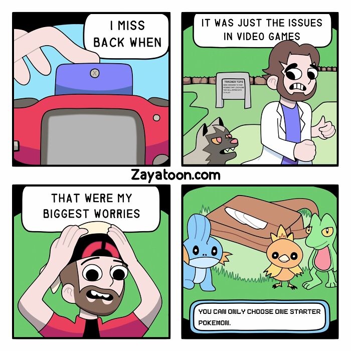 Funny comic featuring pop culture characters reminiscing about video game challenges by Zayatoon.