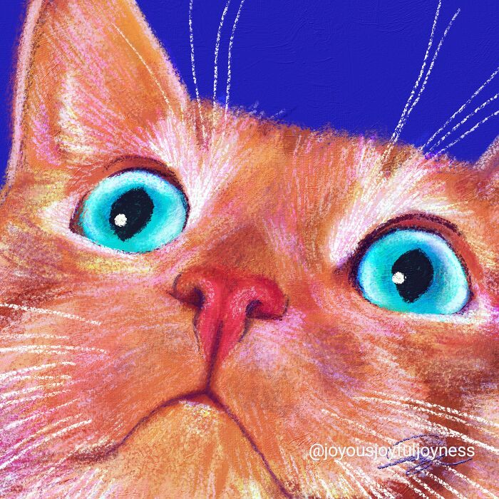 Vibrant close-up painting of a cat with bright blue eyes on a deep blue background.