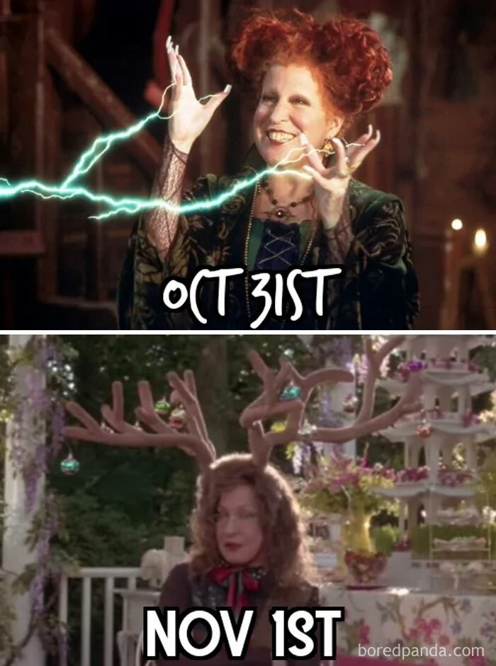 Cringe-worthy November meme comparing Oct 31st witch to Nov 1st reindeer.