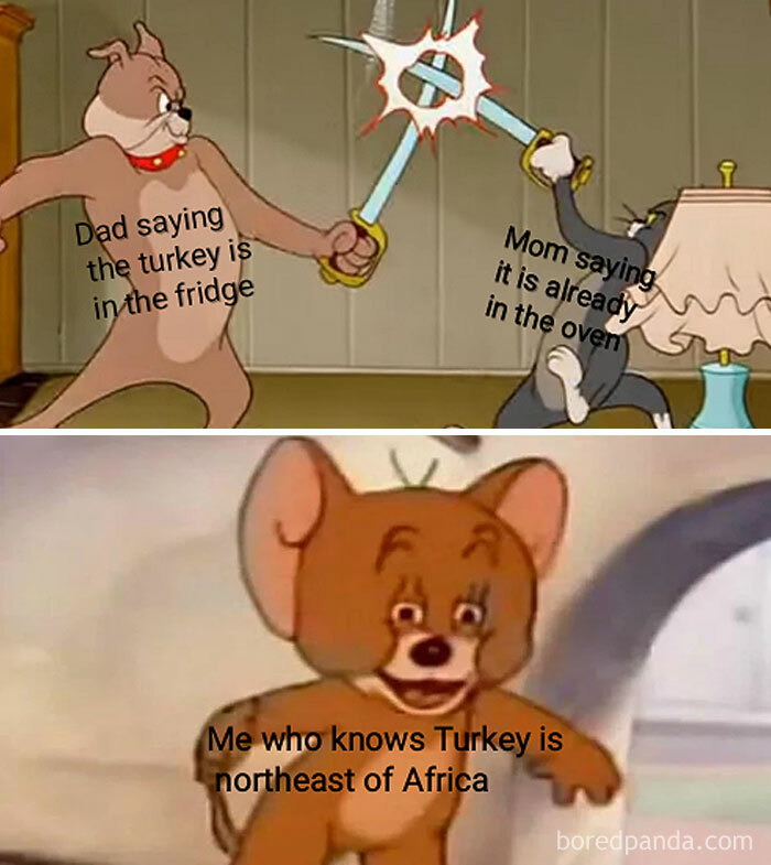 A November meme with Tom and Jerry humorously depicting a Thanksgiving turkey argument.