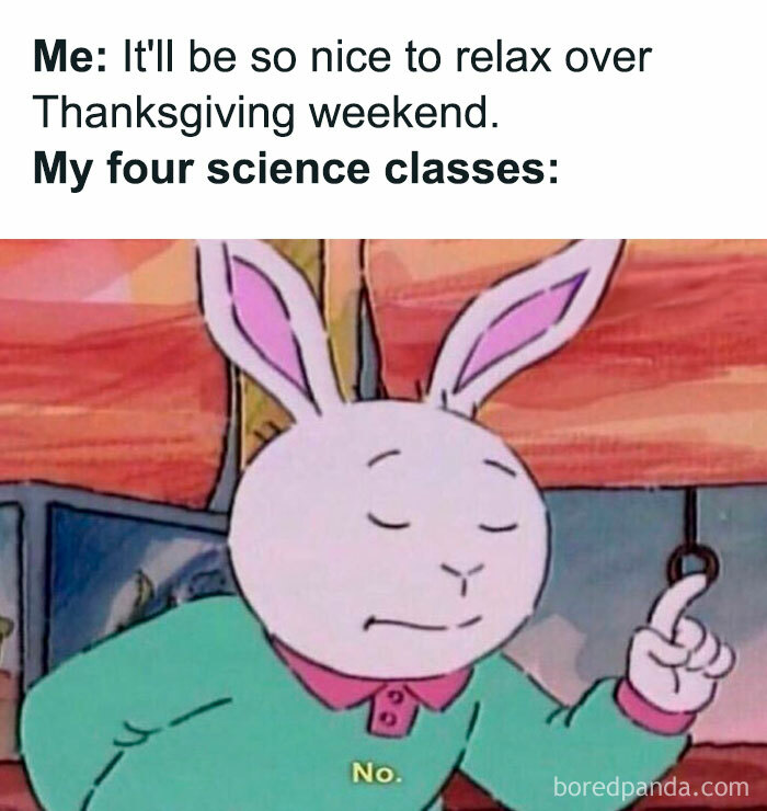 Cartoon rabbit disapproves with a finger raised, illustrating a November meme about Thanksgiving weekend and science classes.