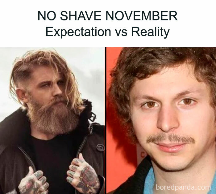 No Shave November meme showing expectation vs reality with two contrasting bearded men.