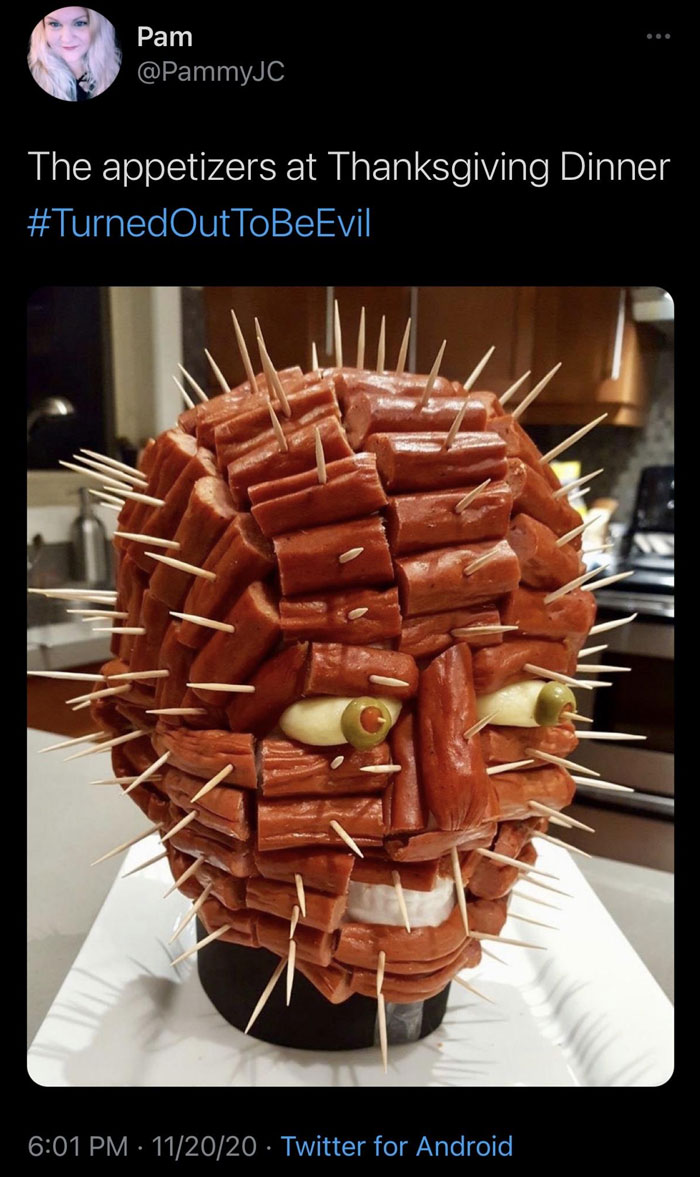 Cringe-worthy November meme of a face made from hot dogs and toothpicks at a Thanksgiving dinner.