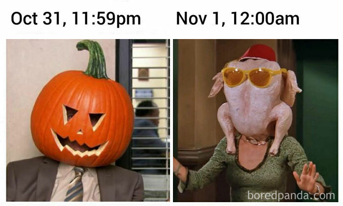 Pumpkin head meme transitions to a turkey head November meme, capturing cringe-worthy November humor.