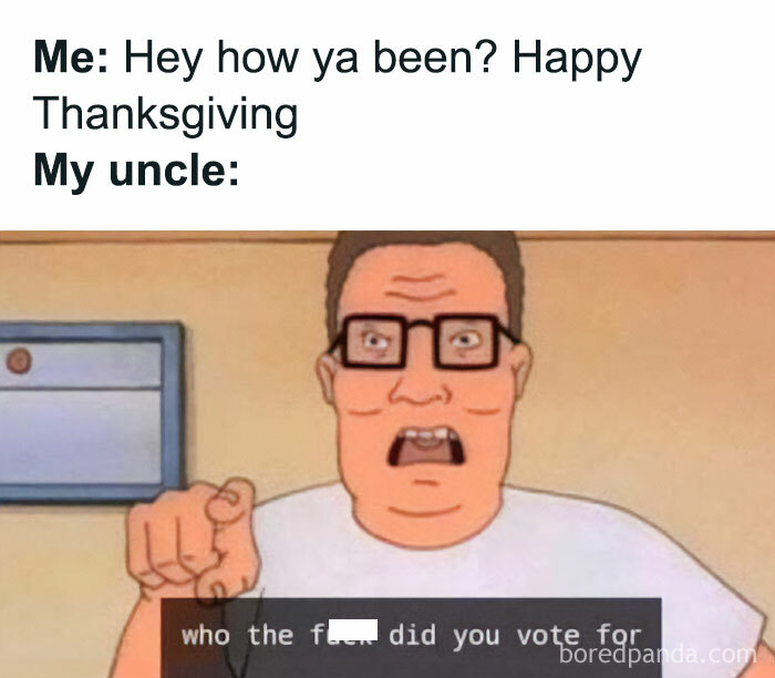 Man in glasses pointing with caption about Thanksgiving, illustrating a cringe-worthy November meme.