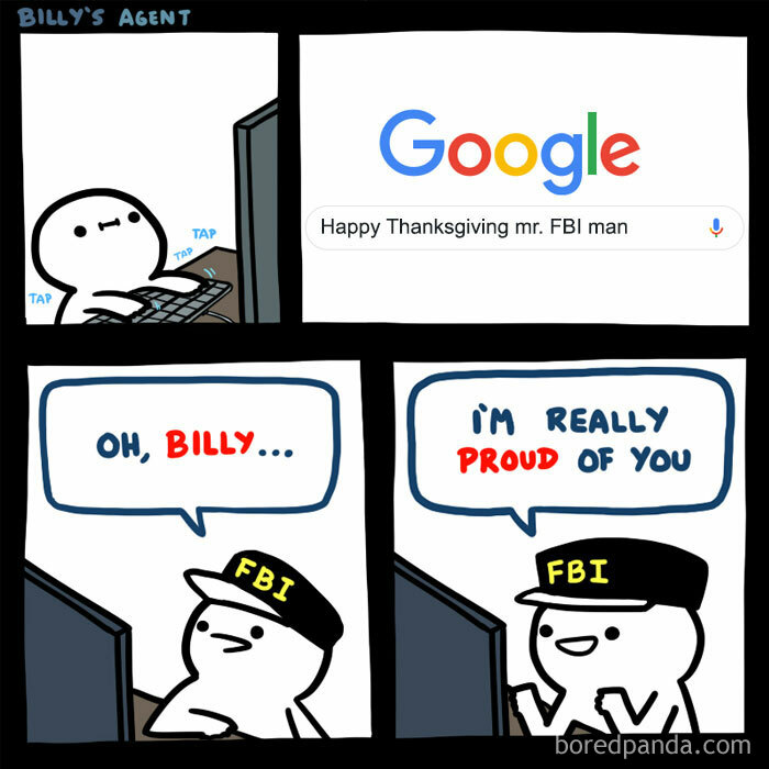 A November meme with a Cartoon of FBI agent smiling at computer search, themed for November humor.