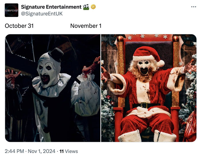 Halloween clown transitioning to a Santa costume, reflecting the shift to winter in cringe-worthy November memes.