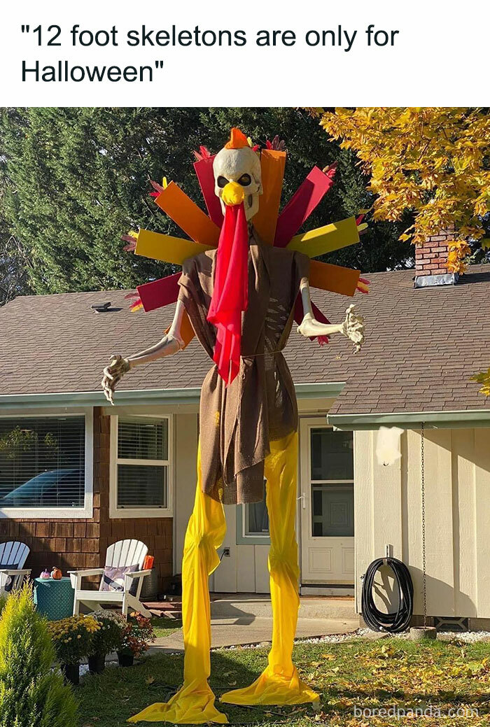 Giant skeleton dressed as a turkey in a yard, capturing the humor of cringe-worthy November memes.