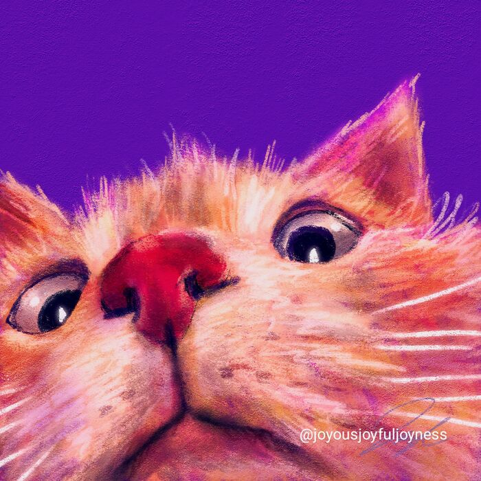 Vibrant close-up painting of a cat's face with a purple background.