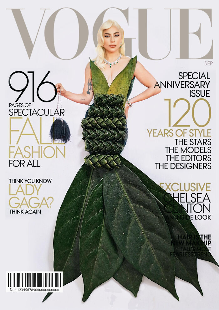 Fashion magazine cover with a dress reimagined using green leaves, featuring an iconic look enhanced by flowers.