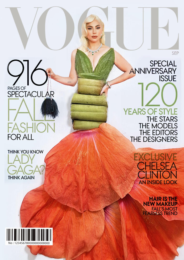 Magazine cover reimagined with a dress made of layered green stems and flowing orange flower petals.