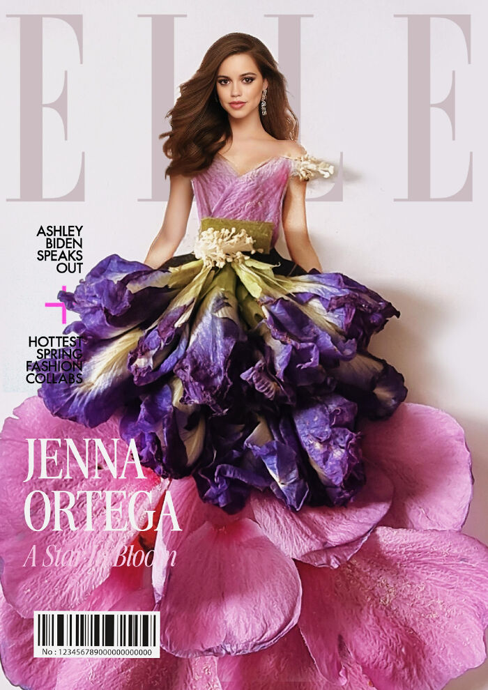 Elle magazine cover with a floral dress creatively featuring flowers, reimagined for an iconic look.