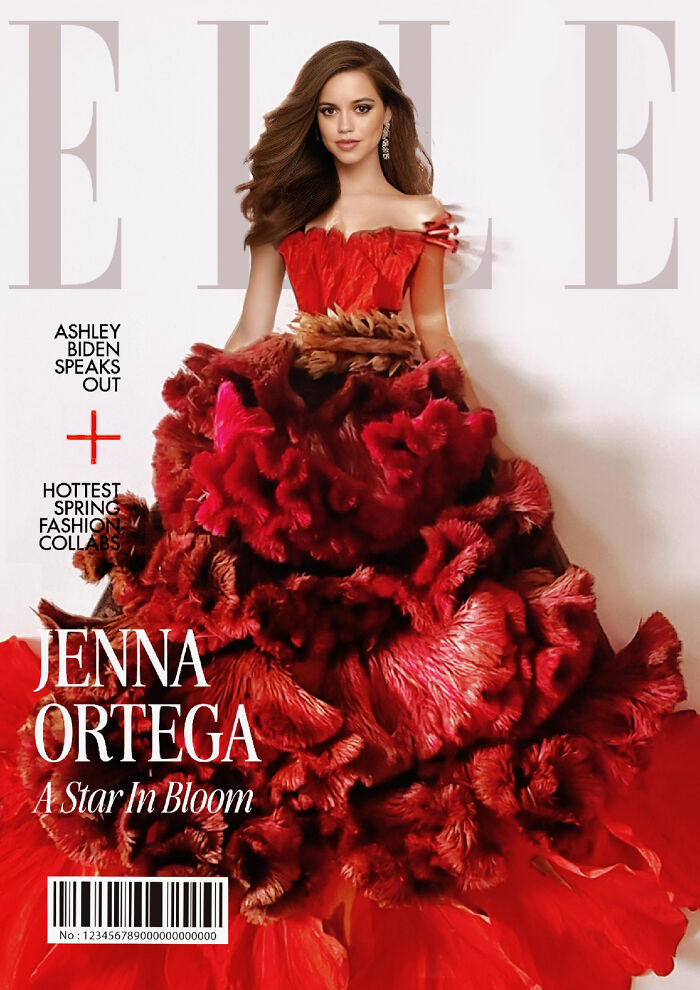 Magazine cover featuring a woman in a red floral dress for an iconic fashion look reimagined with flowers.