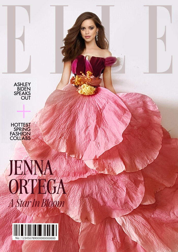 Magazine cover with a floral gown, reimagining iconic fashion using flowers.