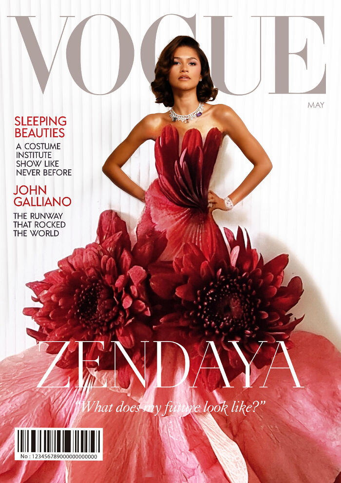 Vogue cover reimagined with flowers in red dress design, featuring a model in an elegant pose.