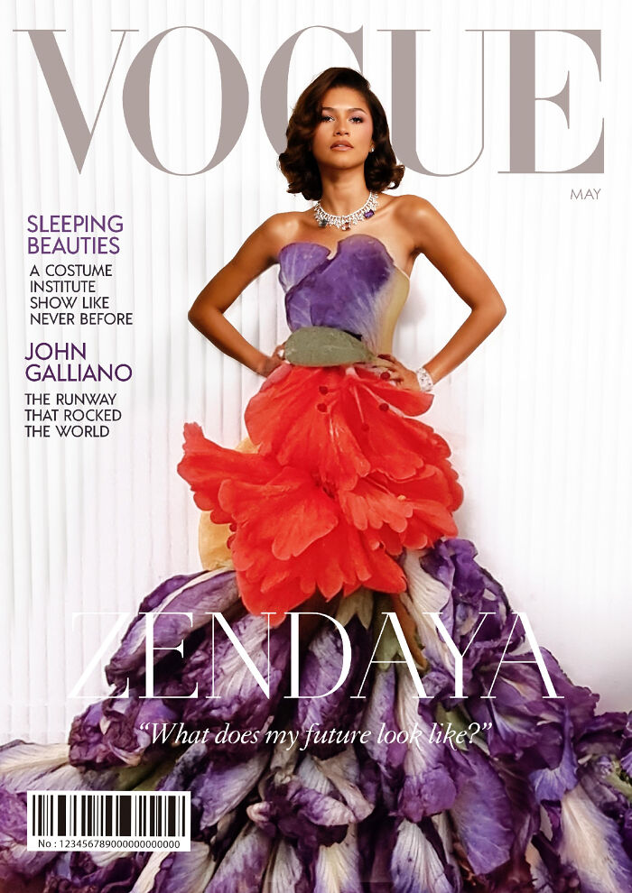 Vogue magazine cover reimagined with a dress made of colorful flowers.