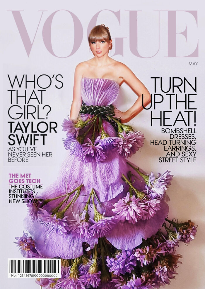 Iconic magazine cover look reimagined with a purple flower dress, featuring vibrant blossoms and green stems.