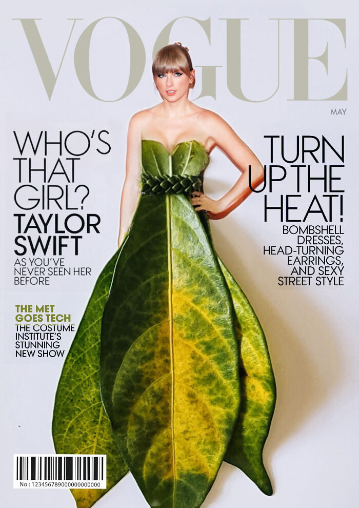 Iconic magazine cover reimagined with a dress made of leaves, showcasing innovative floral fashion design.